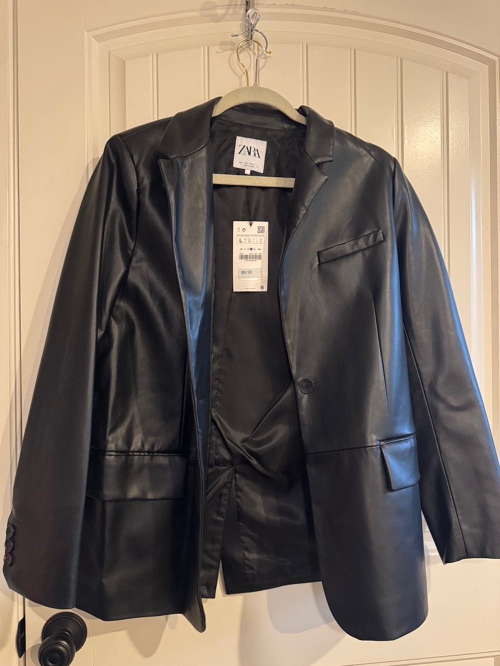 ZARA Black Faux Leather Blazer Jacket with Notch Lapel